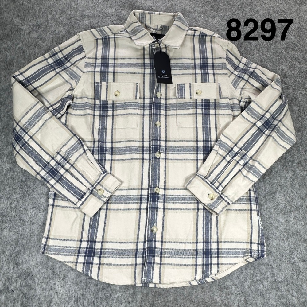 Ben Sherman Mens Plaid Flannel Button Down Shirt Cream Blue Tan Size M NEW